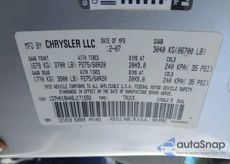 2008 Dodge Ram 1500 Slt из США, поврежденный, VIN 1D7HA18N48J171593